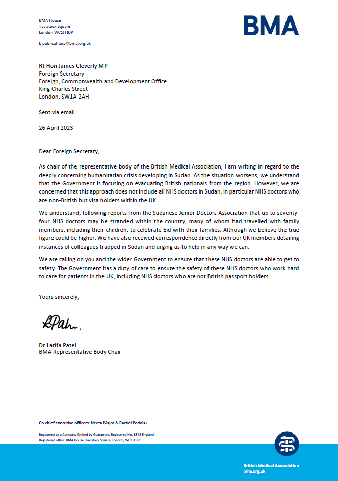 TheBMA's tweet photo. It is heart-breaking to learn that NHS doctors remain trapped in Sudan, and hear reports of NHS doctors being turned away from evacuation flights. @DrLatifaPatel has written to Foreign Secretary @JamesCleverlycalling for urgent action to stop exactly this situation occurring 👇 https://t.co/fMCeXOjJzG