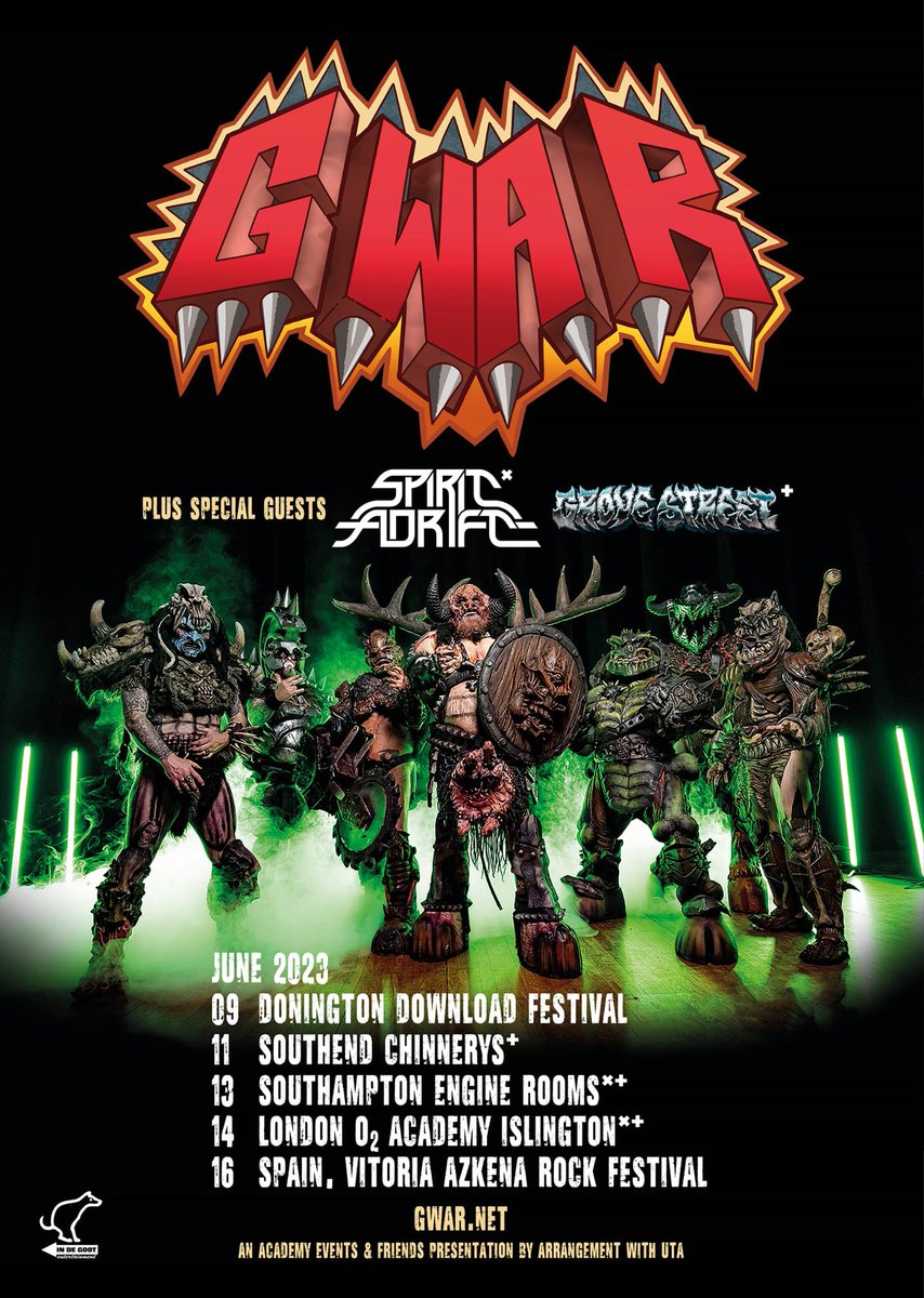 Catch us on the road with @gwar & @spiritadrift for a couple U.K. dates.

11/06 - Southend @ Chinnerys

13/06 Southampton @ Engine Rooms

14/06 London @ 02 Academy Islington