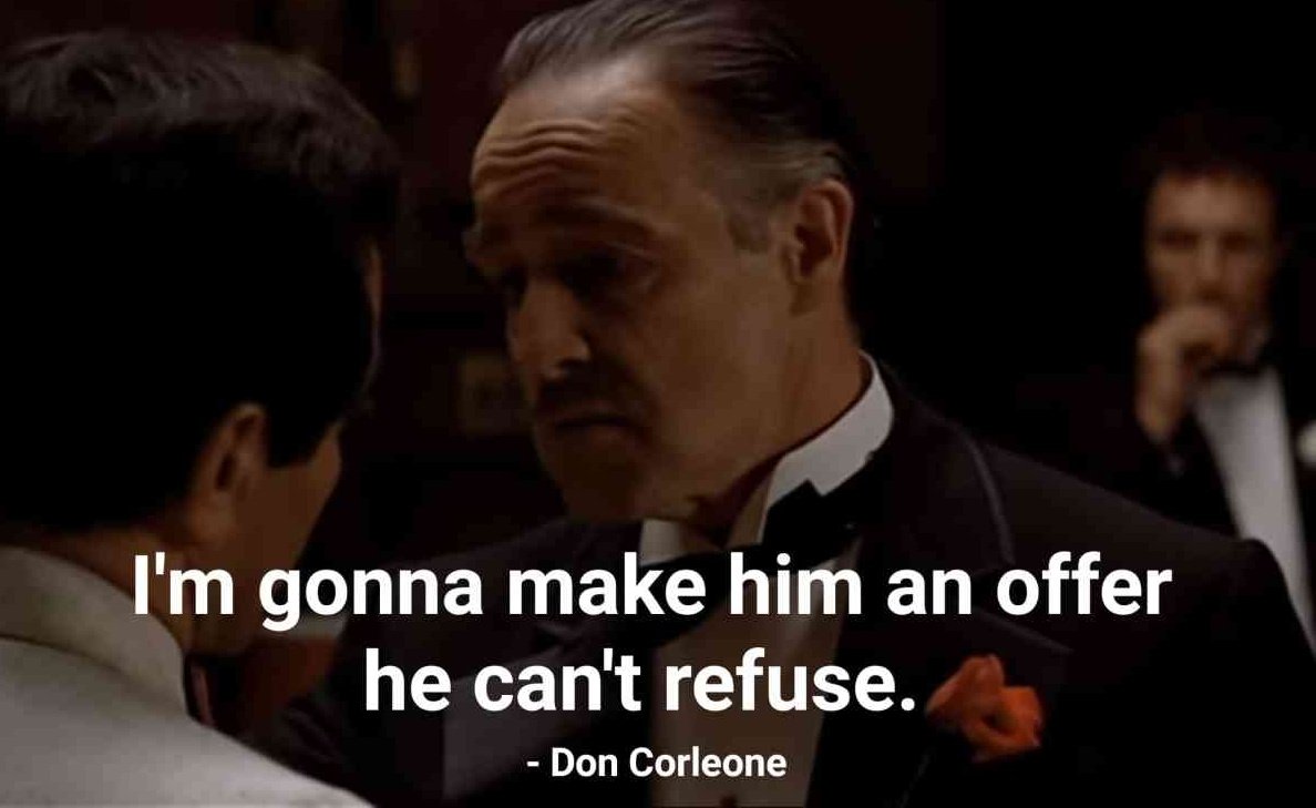 #longweekendalert🗣️
🎥 Get your popcorn ready!🍿
 
What's the one movie/series you just can't get enough of? 💁
Share your favorite and we'll hook you up with something new to obsess over!👀

As they say in The Godfather 👇 😉 #WeekendWatchlist #MovieMania #Suggestion