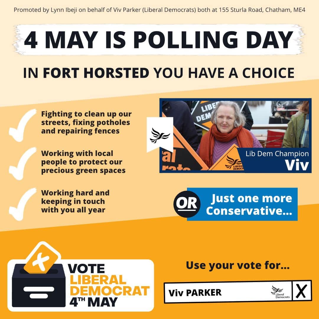 In Fort Horsted, Viv Parker is your local champion
#MedwayElects23

🌳Fighting to save our green spaces
🚧Cleaning up our streets; reporting broken fences & potholes
🚌Working with Nu Venture to improve our local bus services

It's why I'm joining Viv to Demand Better in #Medway