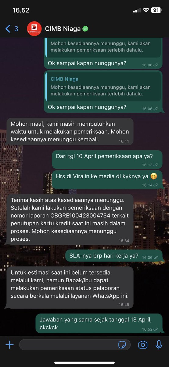 trysny's tweet photo. Dear @CIMBNiaga @CIMB_Assists sy sedang pengajuan penutupan CC, sejak tgl 10 April katanya tgl 13 April selesai, tp sampai skr tgl 28 April masih disuruh nunggu dan meriksa sendiri? Gimana ya ini? Kendalanya dimana? Cc: Bpk @noviadywahyudi https://t.co/GBFfC1Ijn0