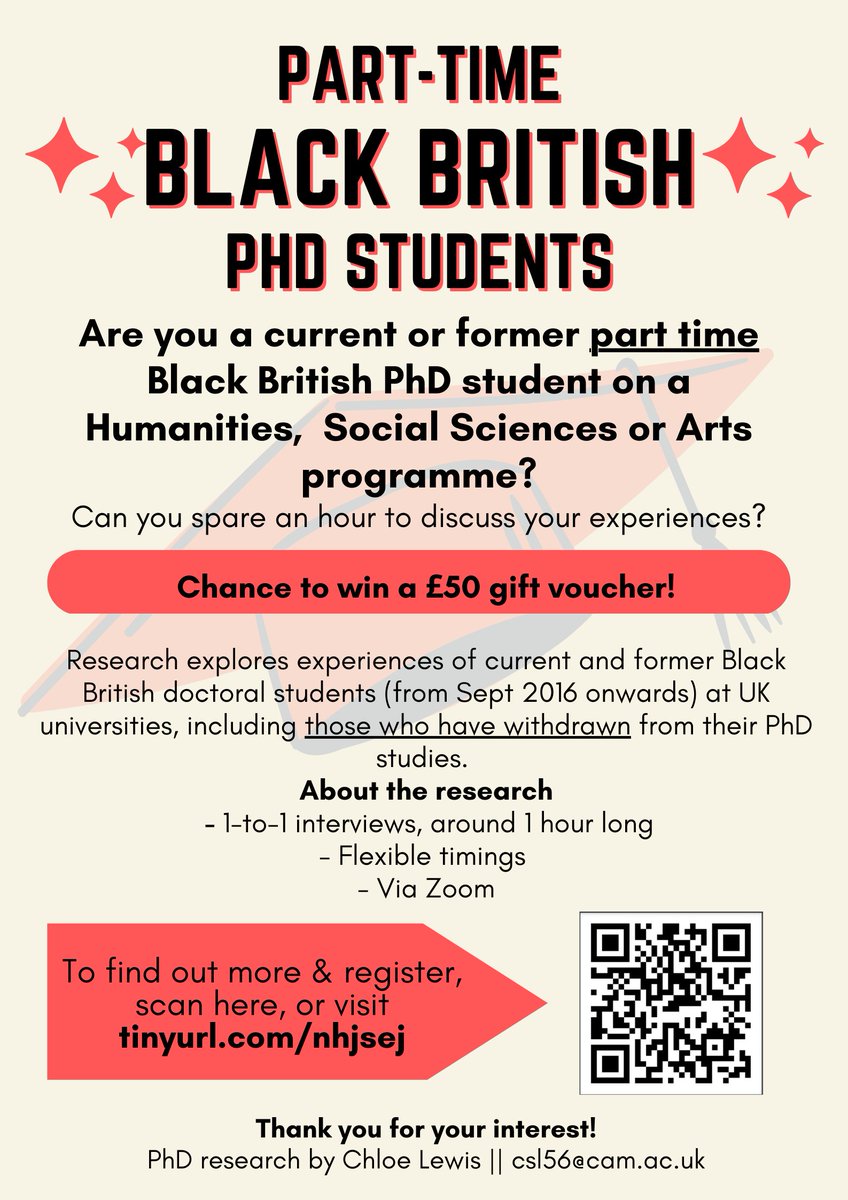 🚨Call for PhD research respondents! 
I'm still recruiting for my research exploring the PhD experiences of Black British students. 
If you have completed your PhD in Arts, Hums or Social Sciences, I'd love to speak with you! Full details at tinyurl.com/nhjsej