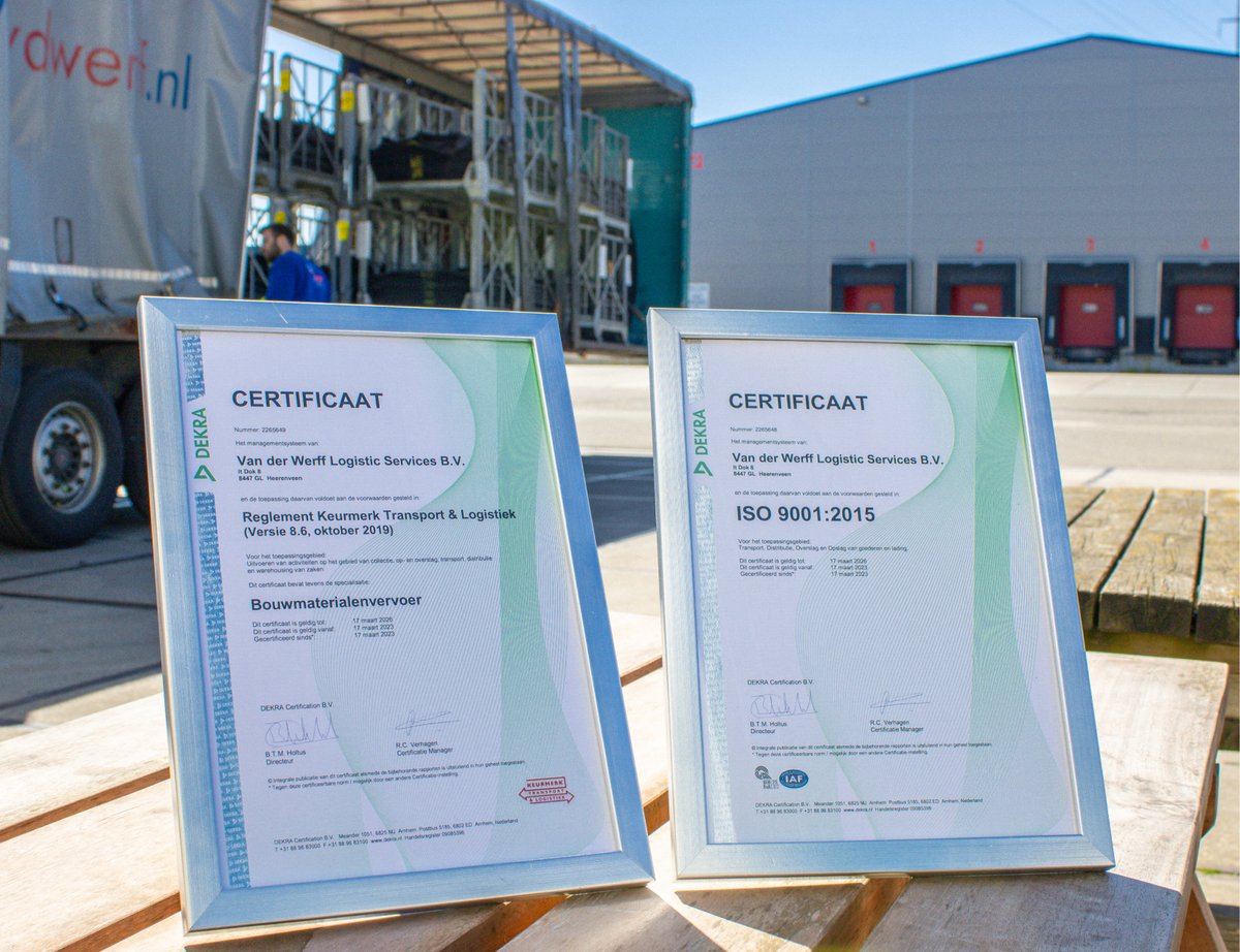 Onlangs hebben we het ISO 9001:2015 certificaat behaald! Ook kunnen we met trots aankondigen dat we succesvol de hercertificering hebben voltooid voor het Keurmerk Transport &amp; Logistiek met specialisatie in bouwmaterialenvervoer. 

Meer info: vdwerff.nl/van-der-werff-…