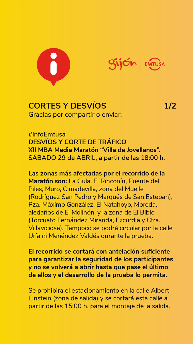 GijonBus's tweet photo. #InfoEmtusa 
Líneas 1, 4, 6, 10, 12, 14, 15, 16, 18, 20, 25 y 26.

  XII MBA Media Maratón "Villa de Jovellanos"
‼️SÁBADO 29 ABR a partir de las 18:00 h. y finalización a las 20:30 aproximadamente.

Consulta cortes y desvíos 👇🏼https://t.co/SvFcNM7oiH https://t.co/rCtSNit5XY