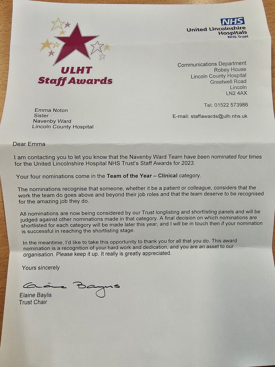 Well done, team Navenby receiving 4 x nominations for clinical team of the year! #staffawards2023 <a href="/ULHTMedicine/">ULHT Team Medicine</a>