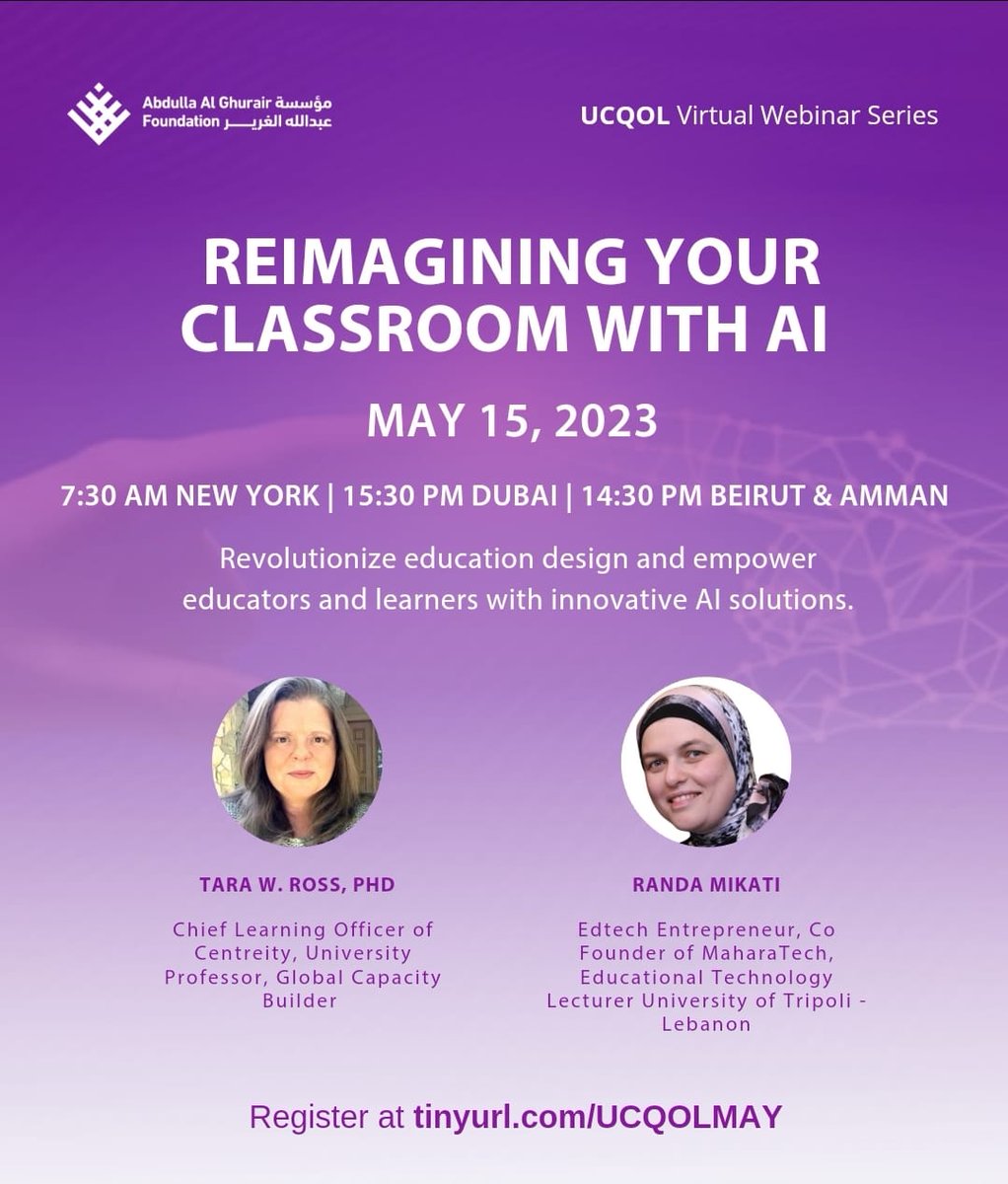 Reimagining your classroom with Artificial Intelligence 

Join me and Tara for a webinar full of innovative AI solutions for your classroom.

Register now: tinyurl.com/UCQOLMAY

#aiedutech #edtech