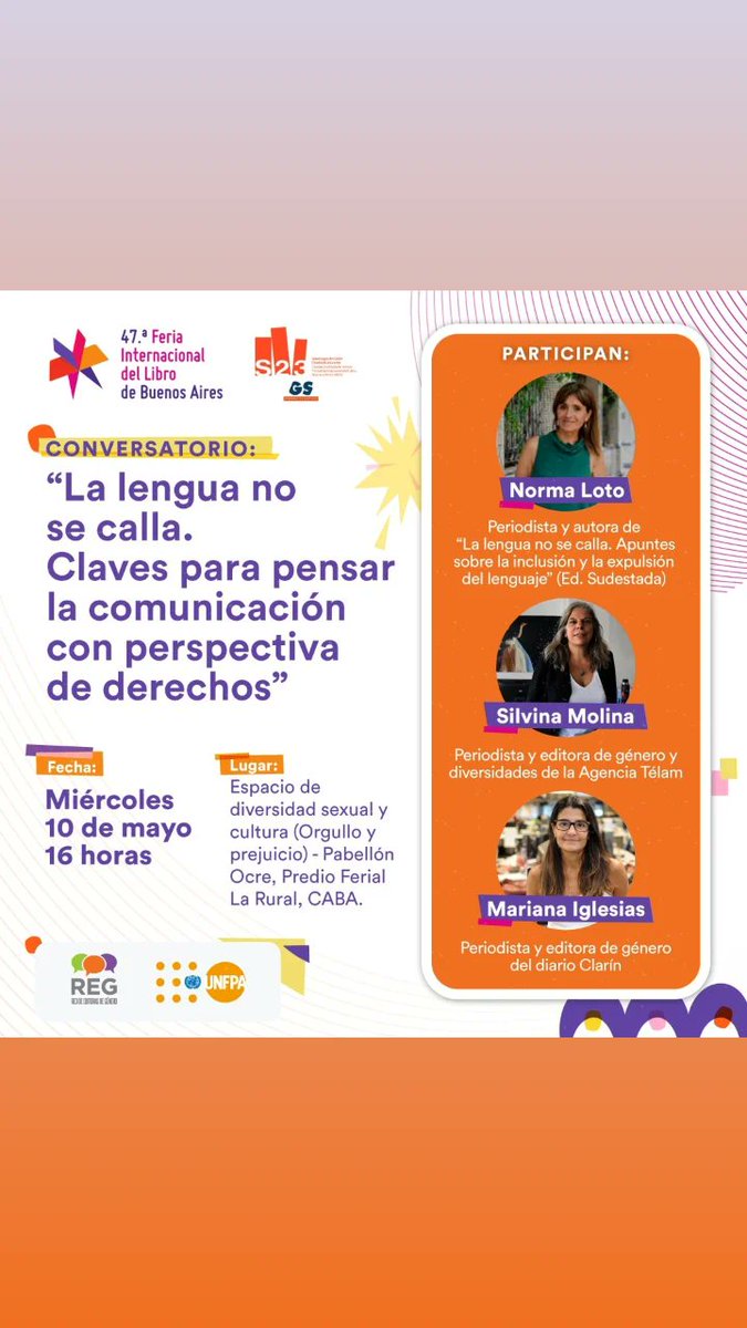 Abrió la @ferialibro
 y el 10/5 a las 16 charlamos entre periodistas sobre un tema que siempre apasiona: el lenguaje inclusivo. Les esperamos! Con 
@SilvinaMolina 
@Miglesias71
 Organiza 
@GeneroRed @UNFPAargentina