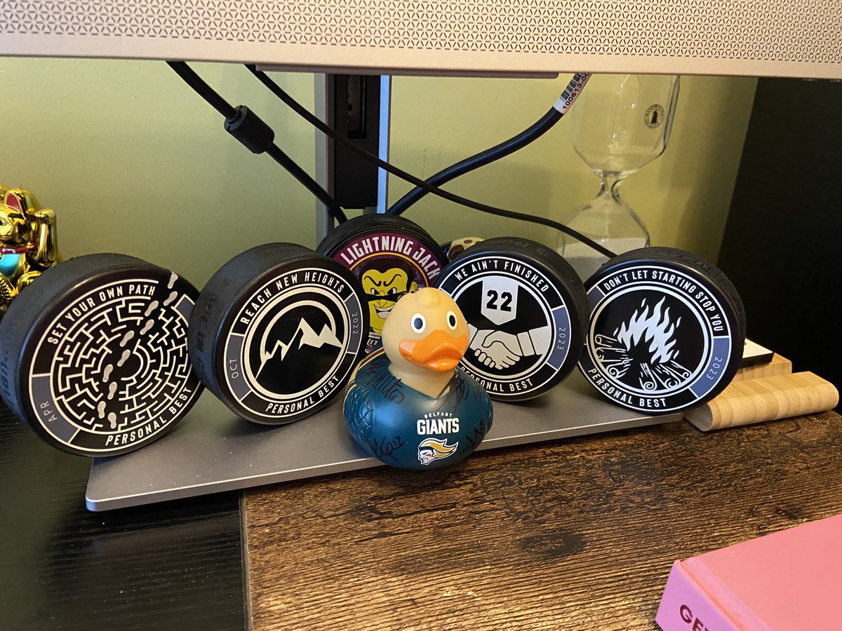 Half of the puck collection has found a display area (yes that is the base of my work monitor). Who better to join them than my signed duck!