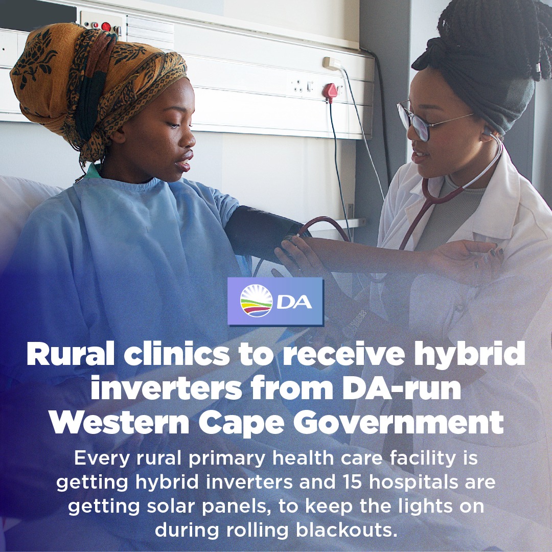 Democratic Alliance (@our_da) on Twitter photo 💡In the DA-run Western Cape, every rural clinic facility will receive hybrid inverters and 15 hospitals are getting solar panels, to keep the lights on during rolling blackouts.
Premier <a href="/alanwinde/">Premier Alan Winde</a> and the caring DA team are committed to saving lives, and livelihoods.
#DAatWork 💡In the DA-run Western Cape, every rural clinic facility will receive hybrid inverters and 15 hospitals are getting solar panels, to keep the lights on during rolling blackouts.
Premier <a href="/alanwinde/">Premier Alan Winde</a> and the caring DA team are committed to saving lives, and livelihoods.
#DAatWork