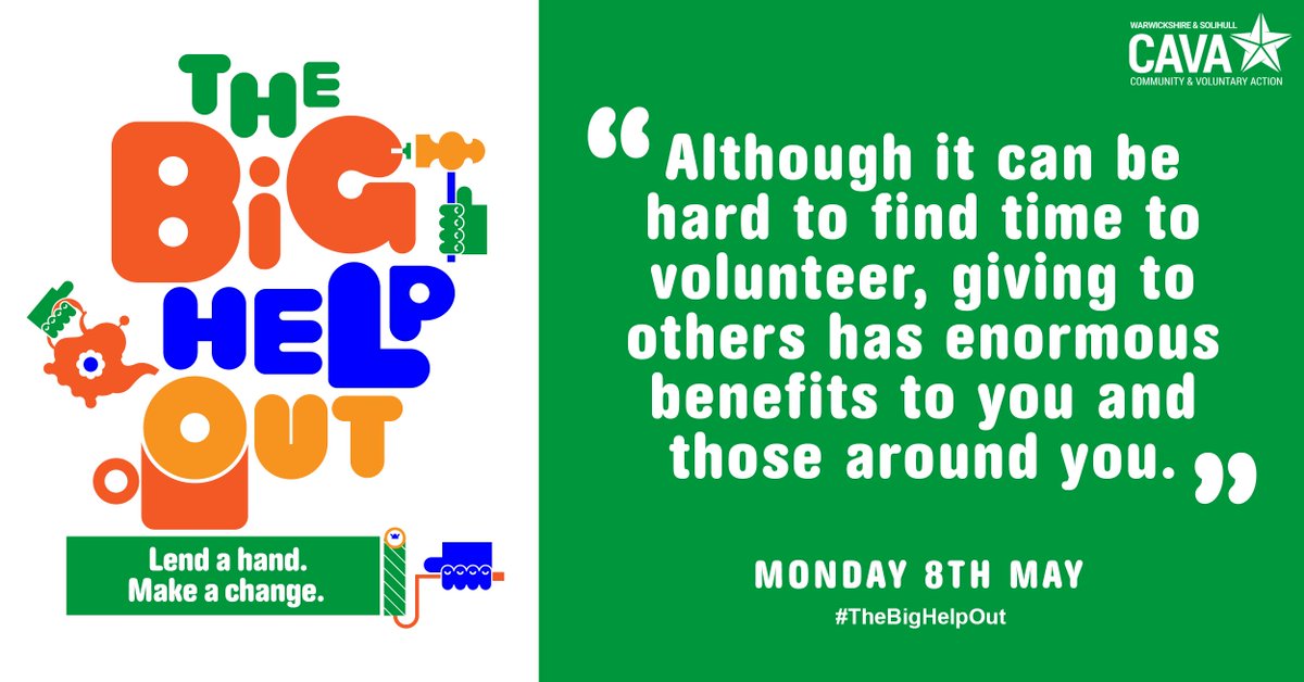 Make a difference, become a volunteer!

'Although it can be hard to find time to volunteer, giving to others has enormous benefits to you and those around you.'

#TheBigHelpOut
#TheBigWarwickshirePledge
#TheBigSolihullPledge