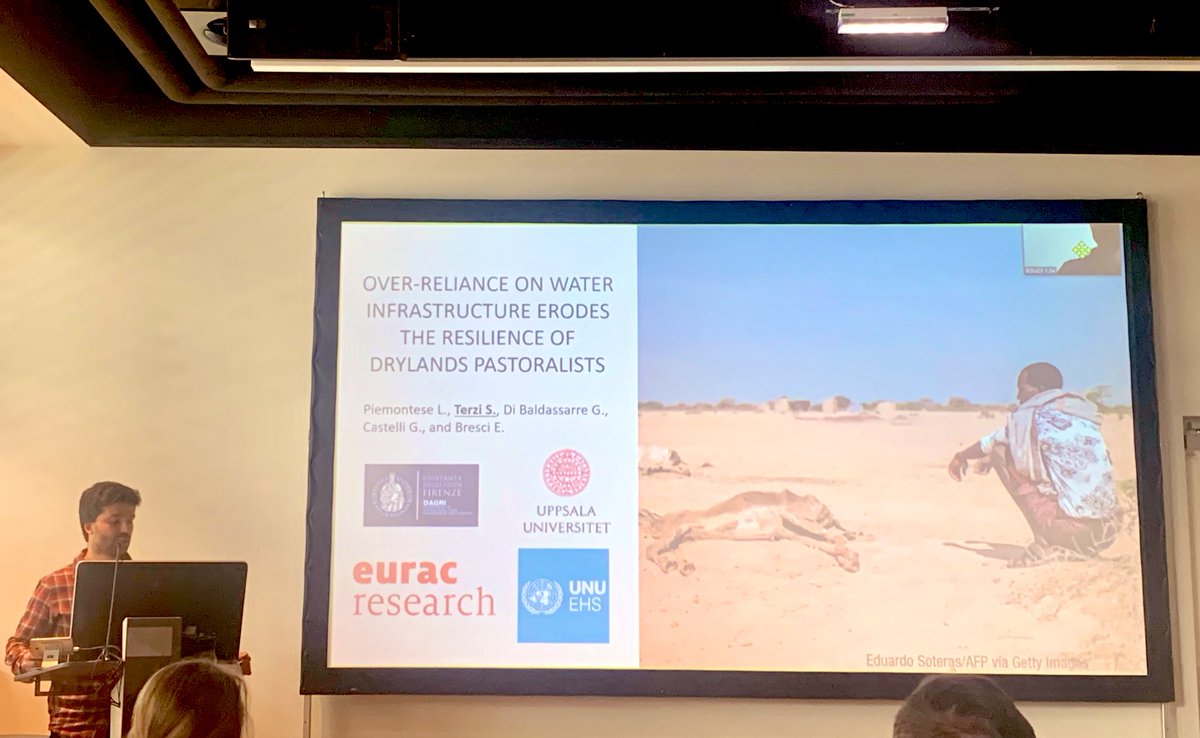 Happening now at #EGU23 😎 Stefano Terzi (@Ste_rzi ) from @EuracCCT presenting the role of #WaterInfrastructure and #Mobility in #Drought #Resilience  of #Pastoralists