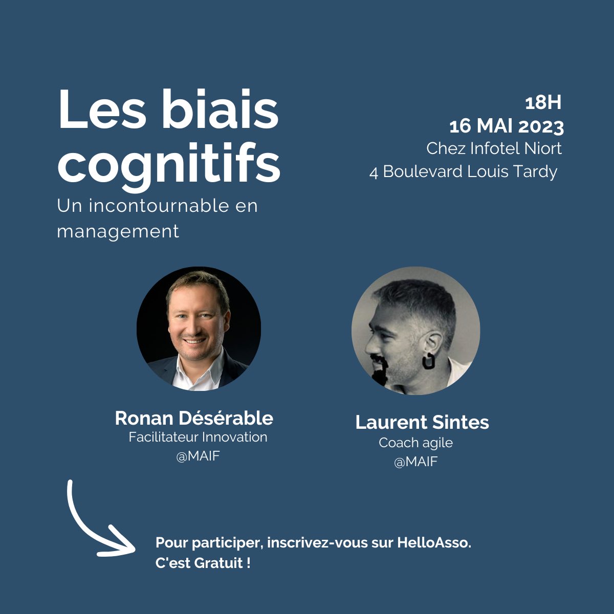 RDV le 16 mai à 18h pour le 1er MeetUp Agile Niort.
<a href="/RDeserable/">Ronan Désérable</a> et Laurent Sintes, facilitateurs et coachs agile à la <a href="/MAIF/">MAIF</a> nous feront prendre conscience de nos biais cognitifs.
RDV chez <a href="/Infotel_/">Infotel</a> 4 boulevard Tardy à Niort
Gratuit sur inscription : helloasso.com/associations/a…