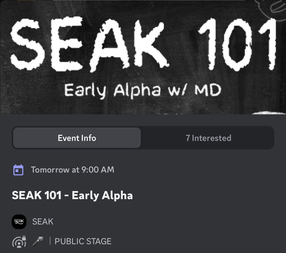 Interested in what’s been cooking in SEAK? Get a peak behind the curtain with <a href="/mdmadeit/">MD</a>’s Art of Early Alpha class.

He’ll expose all of his trade secrets for the public to see 👀

<a href="/SEAKNFT/">SEAK</a> W

discord.com/events/9874938…