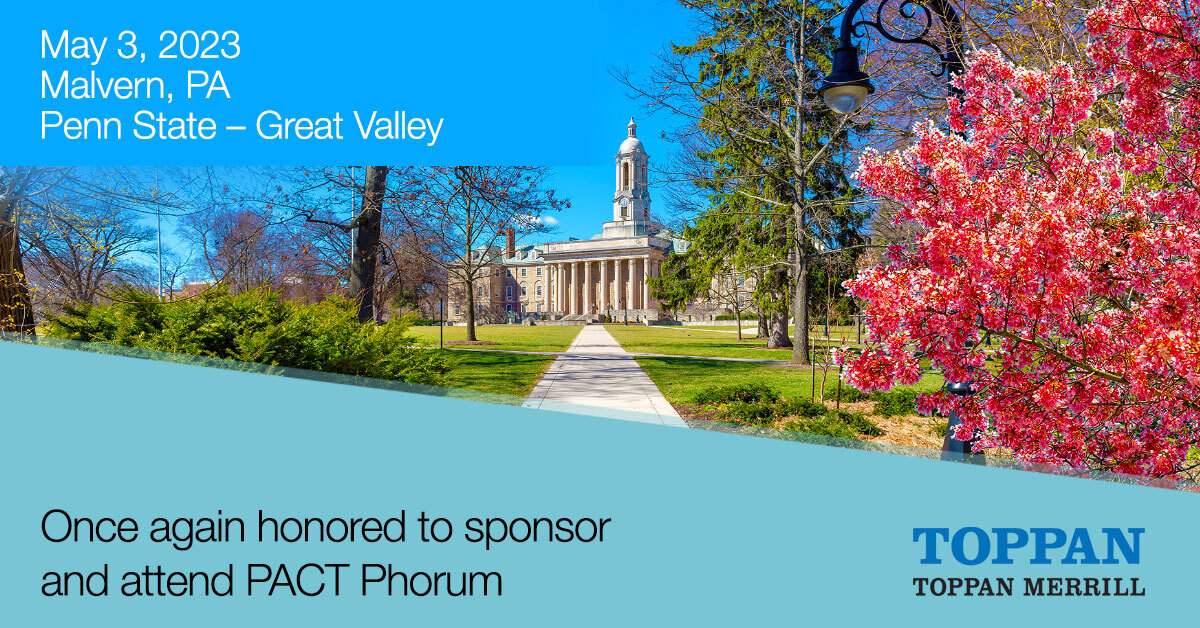Toppan_Merrill's tweet photo. We’re off to Penn State Great Valley next week to attend the annual PACT Phorum. 
#NittanyLions https://t.co/vUEbttVNKn