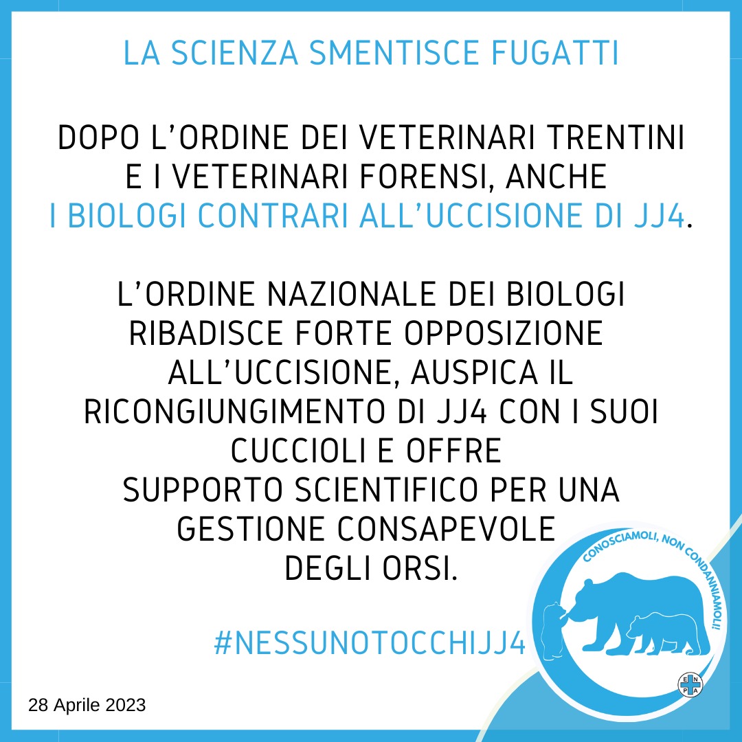 enpaonlus's tweet photo. #NessunoTocchiJJ4
Anche i biologi dicono no e precisano: "Auspichiamo semmai una pronta indagine sulle responsabilità delle istituzioni" (Vincenzo D'Anna, presidente Fed. Naz. degli Ordini regionali dei Biologi) #Fnob https://t.co/O0EHxMr3Ms