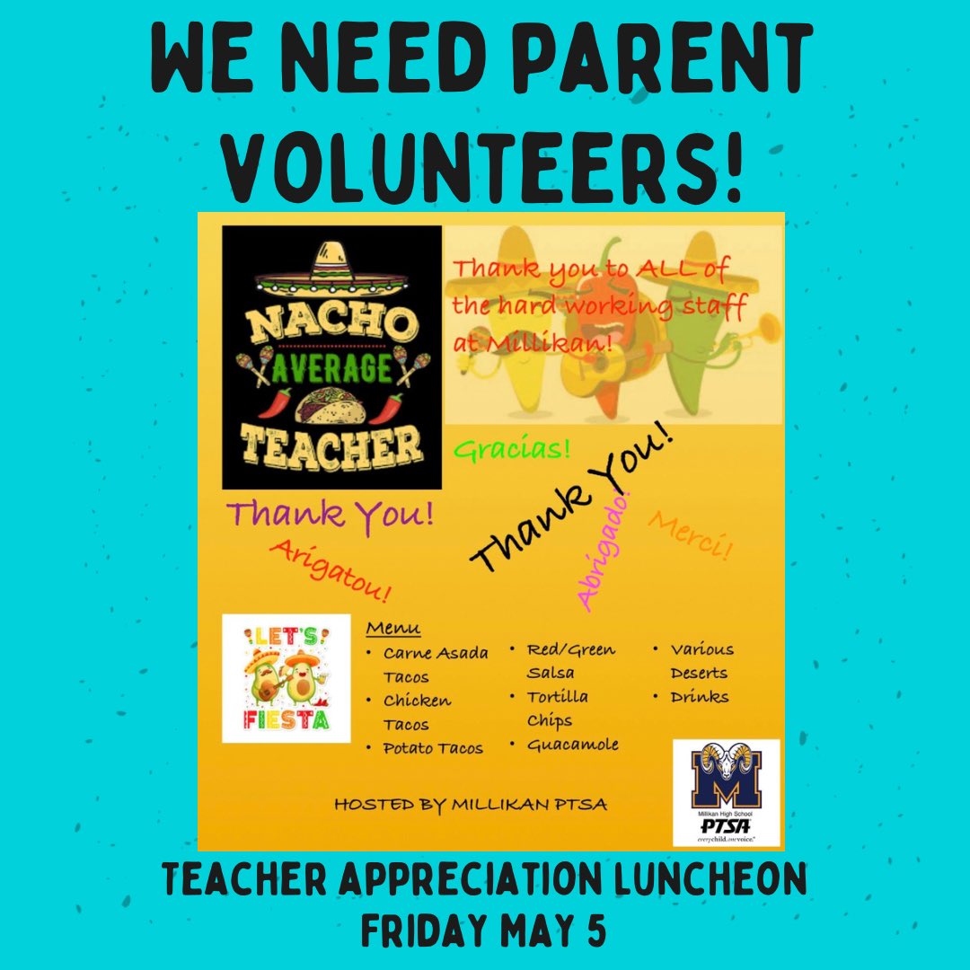 Go to lbmillikan.schoolloop.com/volunteers  to sign up via Google form. We need parent volunteers to help us celebrate our teachers at our Teacher Appreciation luncheon! Friday, May 5th. Thank you! #lbmillikanptsa #bettertogether GO RAMS!