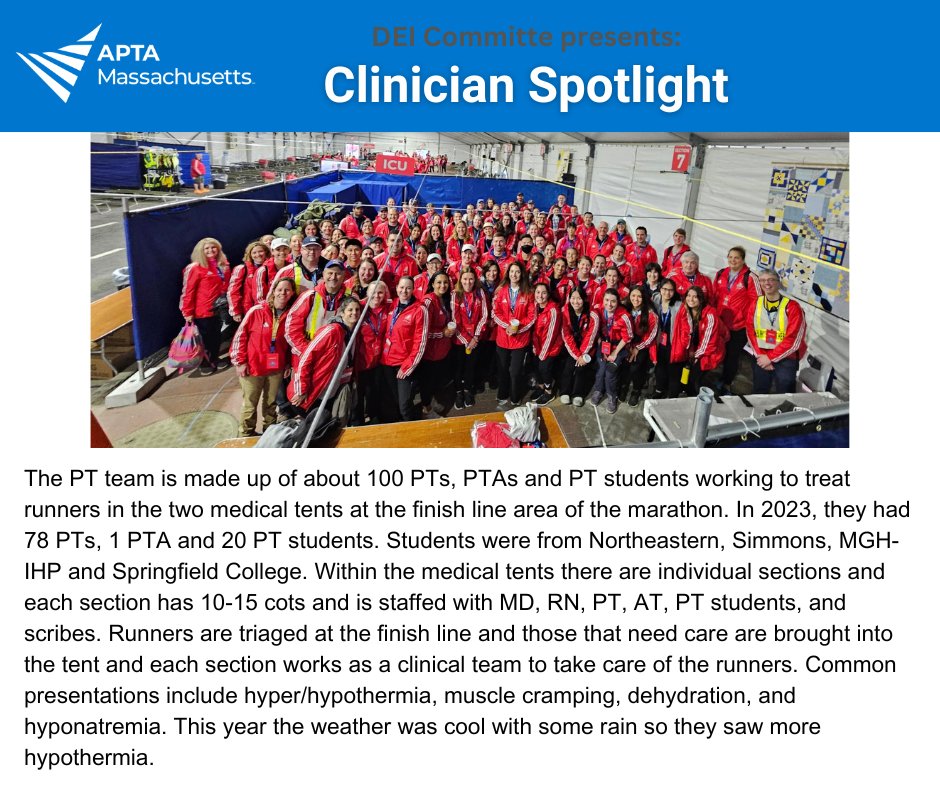 A notable volunteer event that occurred this month was the Boston Marathon. This volunteer event is supported by physical therapy clinicians and students who have been dedicated volunteers for over 20 years.  Celebrating Volunteer Month.
