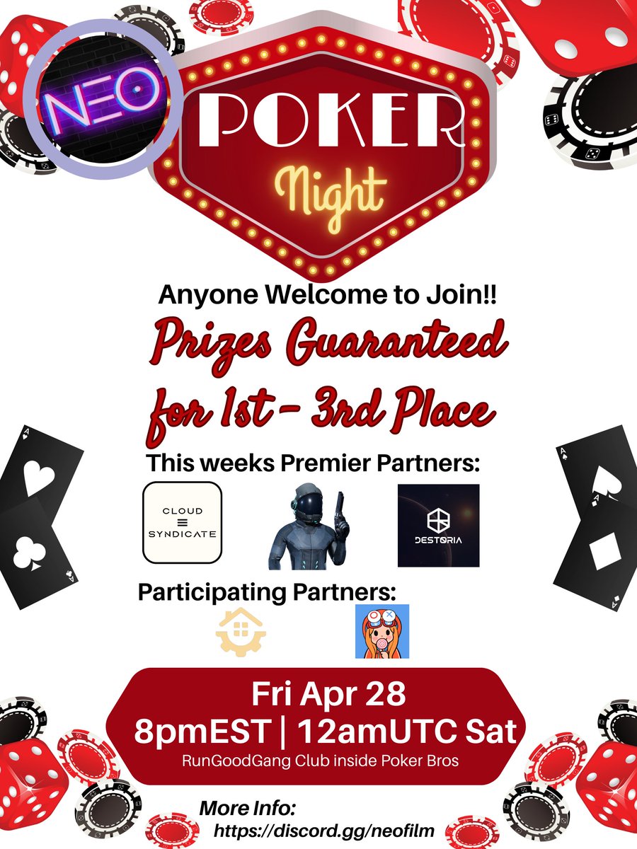 ♠️♦️ Friday Poker ♦️♠️
Hosted in <a href="/RunGoodGangPP/">Run Good Gang Poker Pass</a> Club
 
Register @ 7pmEST
Game Starts @ 8pmEST

This Weeks Premier Partners:
@Destoria_NFT
<a href="/CosmonautClub/">Cosmonaut Community</a>
<a href="/CloudSyndicate3/">☁️ Cloud Syndicate ☁️</a>

Participating Communities include: @RealEstateNft4k &amp; @LonelyPopSales 

🥳🥳Everyone Welcome🥳🥳