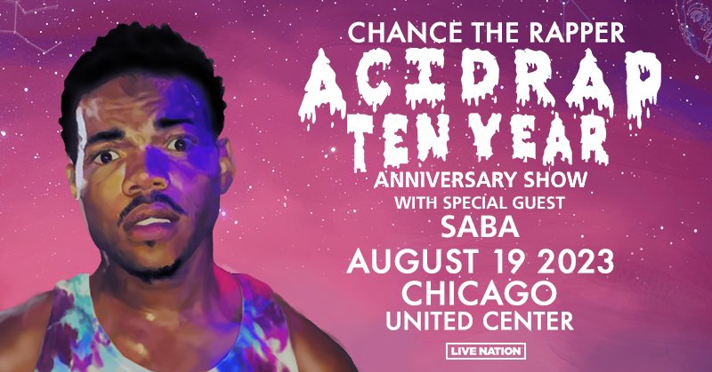 RT + Follow to win a pair of free tickets to <a href="/chancetherapper/">Chance The Rapper</a>’s Acid Rap 10 Year Anniversary Show alongside <a href="/sabaPIVOT/">SABA</a> on August 19 at the United Center

Tickets are available now!!!!!

ticketmaster.com/chance-the-rap…