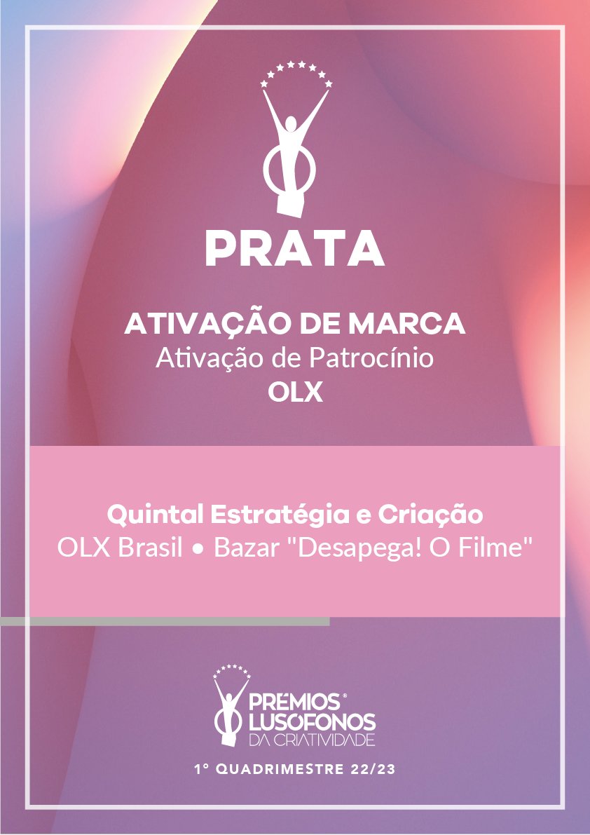 QuintalCC's tweet photo. Por aqui, sextamos com o prêmio que recebemos pelo projeto de Ativação de Marca criado para @OLX_Brasil.

Levamos a OLX pro filme Desapega e o filme Desapega pra OLX. Se você ainda não conhece esse trabalho, vem aqui no nosso site conhecer.

https://t.co/b66KFxOtfF https://t.co/1nD7RL66Yq