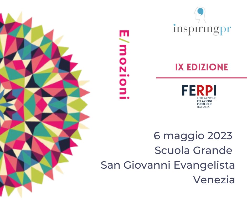 Il IX festival delle relazioni pubbliche si terrà il 6 maggio 2023 presso la Scuola Grande di San Giovanni Evangelista a Venezia, e verterà sul tema delle emozioni.

Leggi l’articolo; commtoaction.it/2023/04/28/sia…

#inspiringpr #ferpi #emozioni #relazionipubbliche