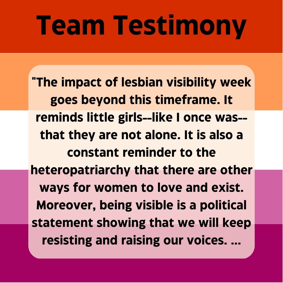 LGBTQ_Research's tweet photo. As we move into the weekend, @LGBTQ_Research team member @zafiroan1 @ProyectoDaRE shares why #LesbianVisibilityWeek is important to her. For Zafiro, this week means celebrations of political statements, revolutionary love, &amp; #lesbian existence. Read more below! https://t.co/8DsXpNLkxT