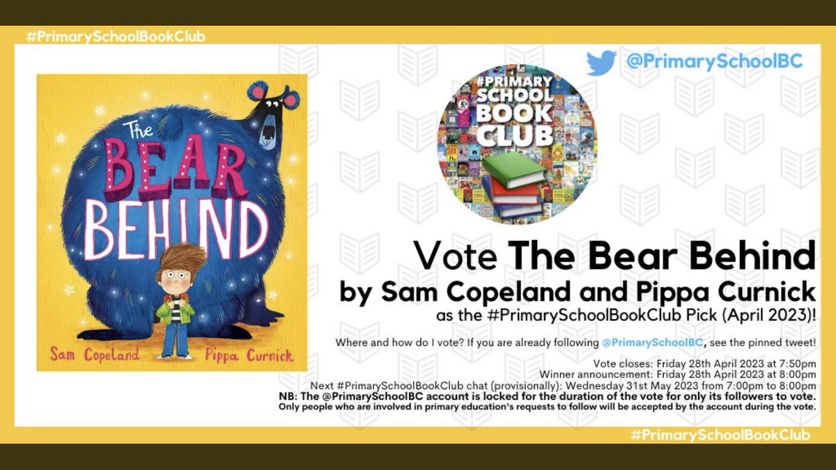 Vote for us! We're delighted that The Bear Behind has been included in the #PrimarySchoolBookClub April 2023 vote this evening. Voting closes tonight so please head to @PrimarySchoolBC and vote for it using the pinned tweet!