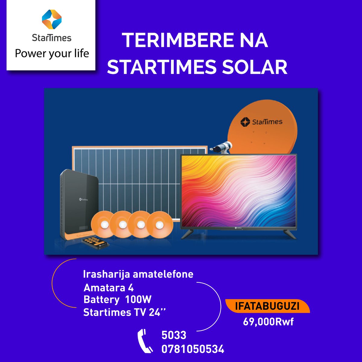startimesrwanda's tweet photo. Terimbere na StarTimes Solar , wigurira umurasire kuri macye uryoherwe na shene zitandukanye za StarTimes. Hamagara 5033/0781050534 https://t.co/gPwqk9NRA5