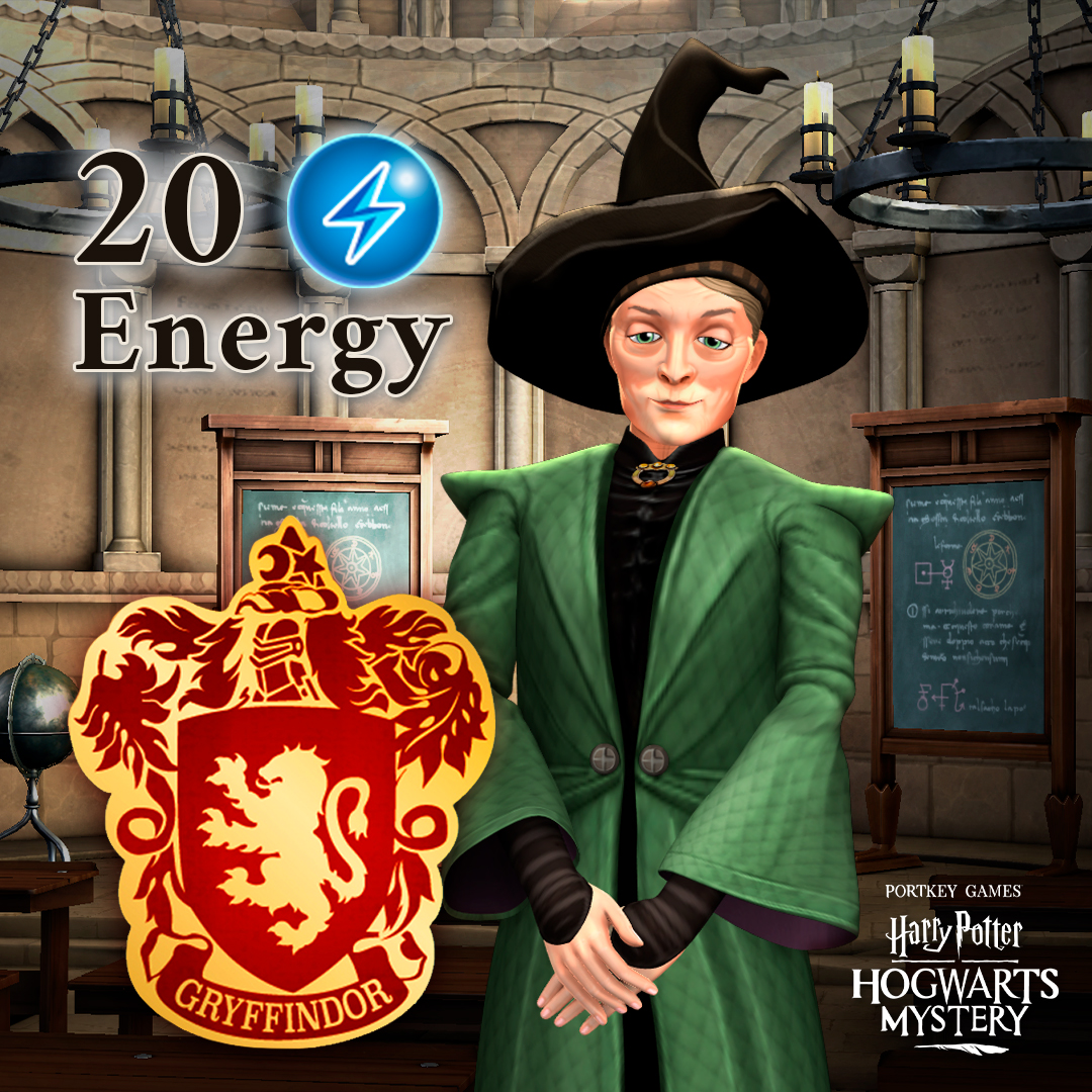 Professor McGonagall wants you to get to class on time, so she's got 20  energy waiting for you! Meet her in her classroom to collect it today!, image size:1080x1080