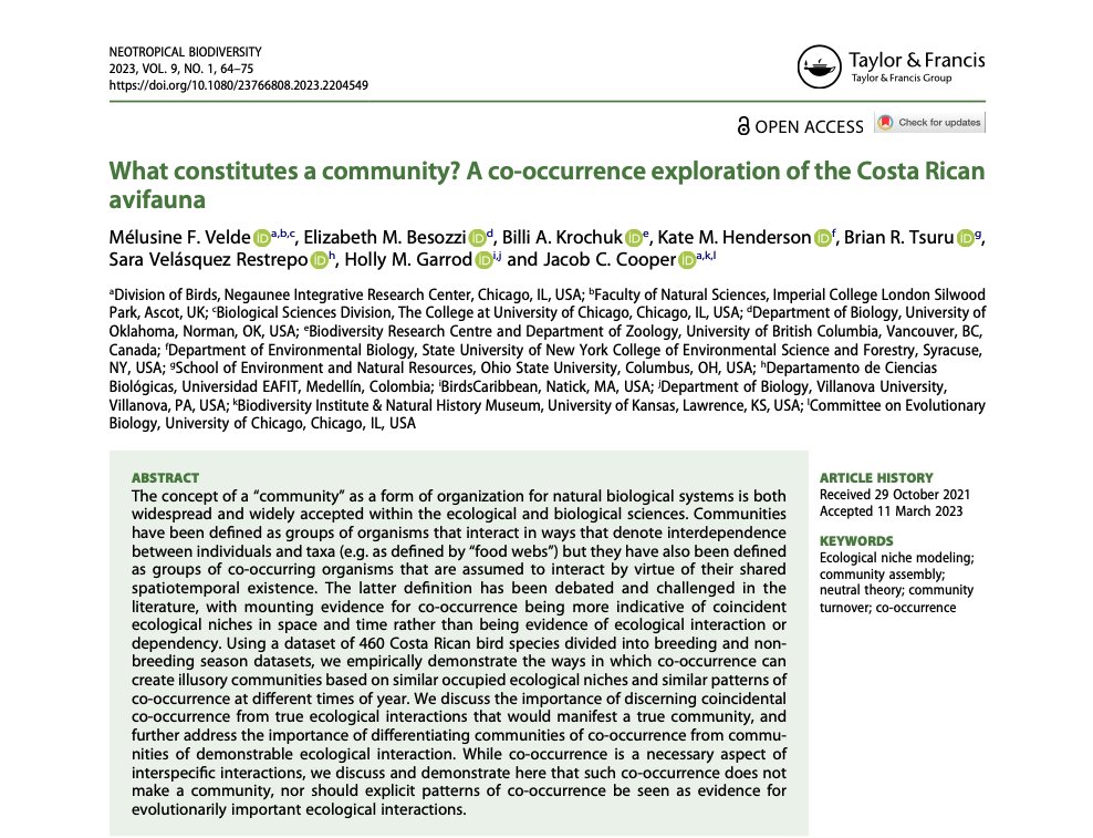 thehappywren's tweet photo. New paper in @tneo_editor with Mélusine Velde @BilliKrochuk @Kate_Marina27 @helloyesbriam @SaraVelasR @hmg_ornithology and Jacob Cooper! 

What constitutes a community? A co-occurrence exploration of the Costa Rican avifauna https://t.co/Ei4eNXpVp8 https://t.co/G6RN6SUZpn