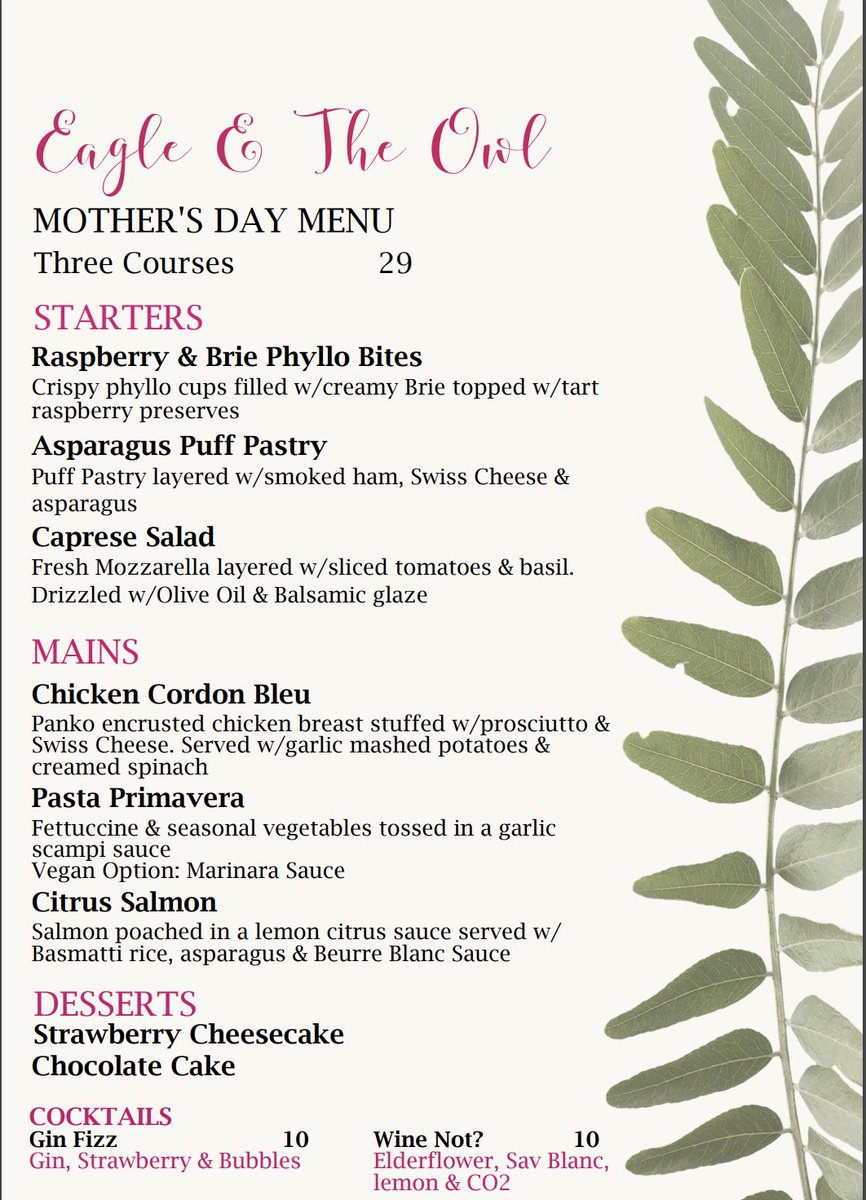 Make this Mother's Day truly unforgettable by joining us at Eagle and The Owl for our special three course menu! Book your table now and show your mom just how much she means to you. ❤️ . 717-642-8282 ext 3023 to book your reservation today