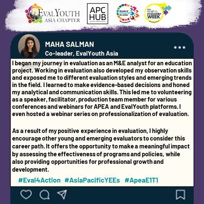 Working in evaluation also developed my observation skills and exposed me to different evaluation styles and emerging trends in the field says Maha Salman, Co-leader @EvalyouthAsia

#APCHub #Eval4Action #YouthInEvalWeek #AsiaPacificYEEs @unfpa_eval @Eval_Youth