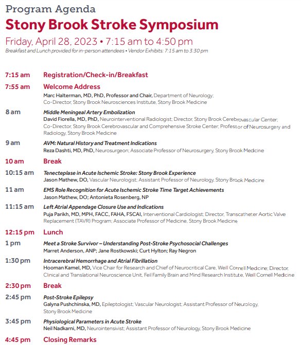 Don't miss out on great lectures by <a href="/1jasonmathew/">Jason Mathew, DO</a>, Dr. Fiorella, Dr. Dashti, Dr. Nadkarni, Dr. Pushchinska, Dr. Parikh and <a href="/hoomankamel/">Hooman Kamel</a> at Stony Brook Stroke Symposium today! 

<a href="/StonyBrookMed/">Stony Brook Medicine</a> <a href="/StonyBrookNeuro/">Stony Brook Neurology Residency</a> <a href="/StonyStroke/">Stony Brook Stroke</a> #stroke #NeuroTwitter