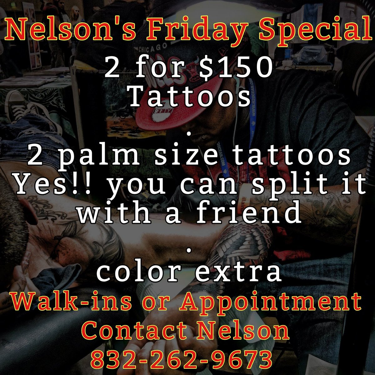 FliegenArt's tweet image. Each &amp;amp; Every Friday!!
2 palm size tattoos for $150... split it with a friend if you like!!! 
.
🧱 11663 Jones Rd Suite F., 77070
📲 832.262.9673 
📸 Insta: instagram.com/fliegenart
.
#FliegenArtTattooStudio #HoustonTattooArtist #HoustonTattooShop