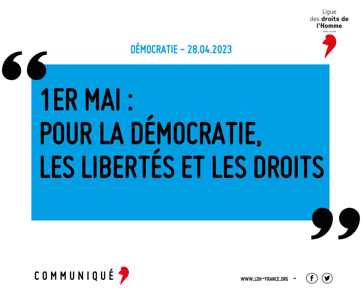 LDH_Fr's tweet photo. Communiqué |La #LDH appelle les citoyennes et citoyens à manifester le 1er mai aux côtés de l’ensemble des organisations syndicales pour faire de cette journée un grand moment d’engagement citoyen pour la démocratie, les libertés et l’égalité des droits.
➤https://t.co/mZg70lmeMy https://t.co/EjuqJ2o7yP