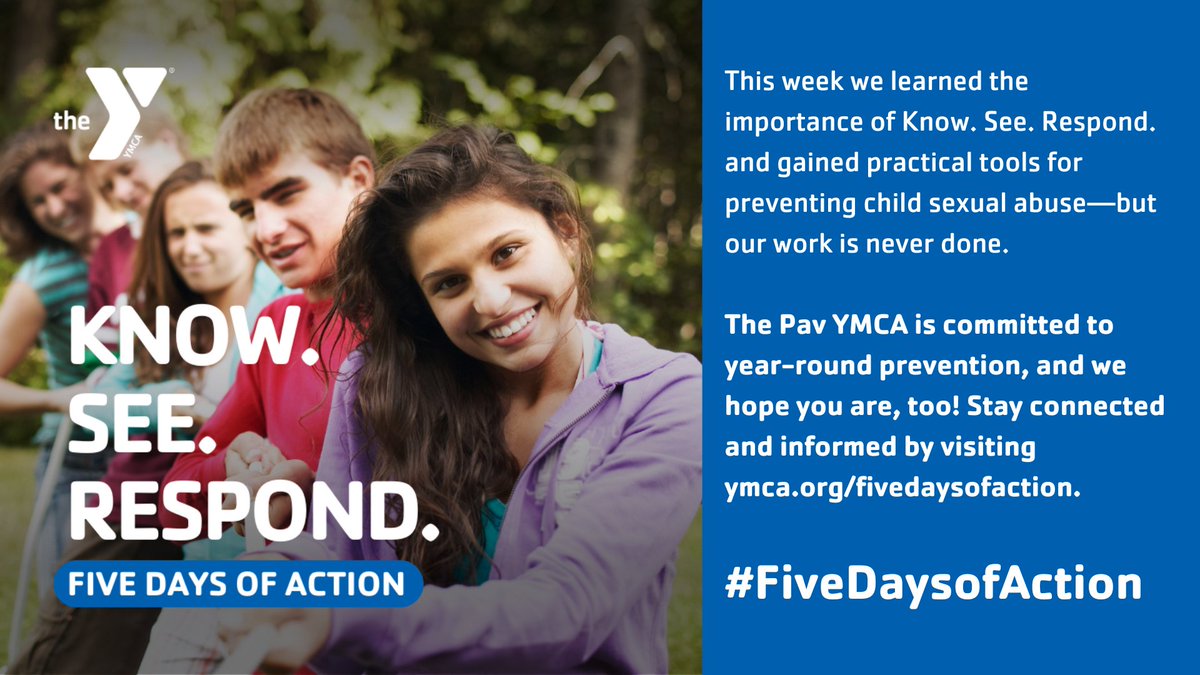 We learned the importance of Know. See. Respond. &amp; gained practical tools for preventing child sexual abuse—but our work is never done. The Pav YMCA is committed to year-round prevention &amp; hope you are, too! Stay connected &amp; informed: bit.ly/3LnEEdP. #FiveDaysofAction