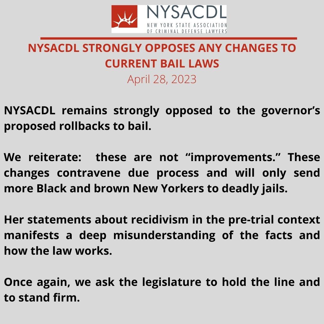The budget is still not final and NYSACDL remains strongly opposed to the <a href="/GovKathyHochul/">Governor Kathy Hochul</a>'s proposed rollbacks to bail laws. 

These changes will send more Black and brown New Yorkers to deadly jails. 

We ask the legislature to stand firm.

<a href="/NYSenDems/">NYS Senate Democrats</a> <a href="/NYSA_Majority/">NY Assembly Majority</a>