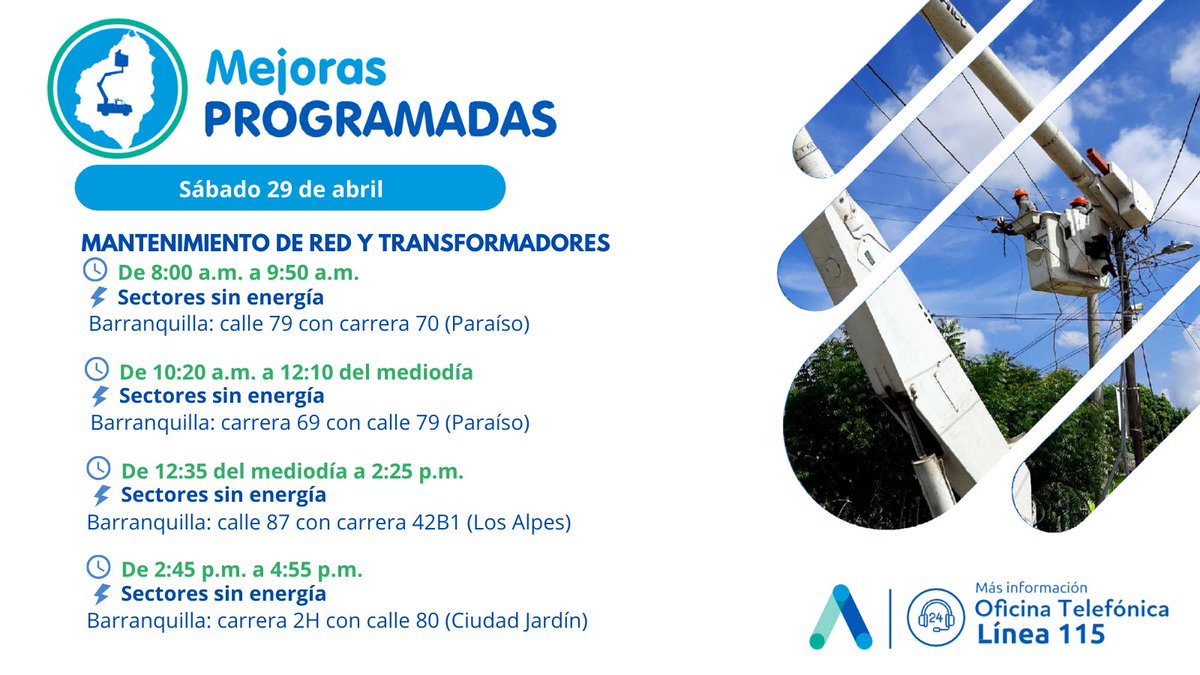 Aire_Energia's tweet photo. #MejorasProgramadas en #Atlántico🌀Este sábado 29 de abril entre sectores del norte de Barranquilla y su área metropolitana, nuestro personal de mantenimiento trabajará en adecuación de red y de elementos eléctricos, lo cual ameritará suspensiones en el servicio. Más detalles⬇️ https://t.co/trpD4ZnDrB