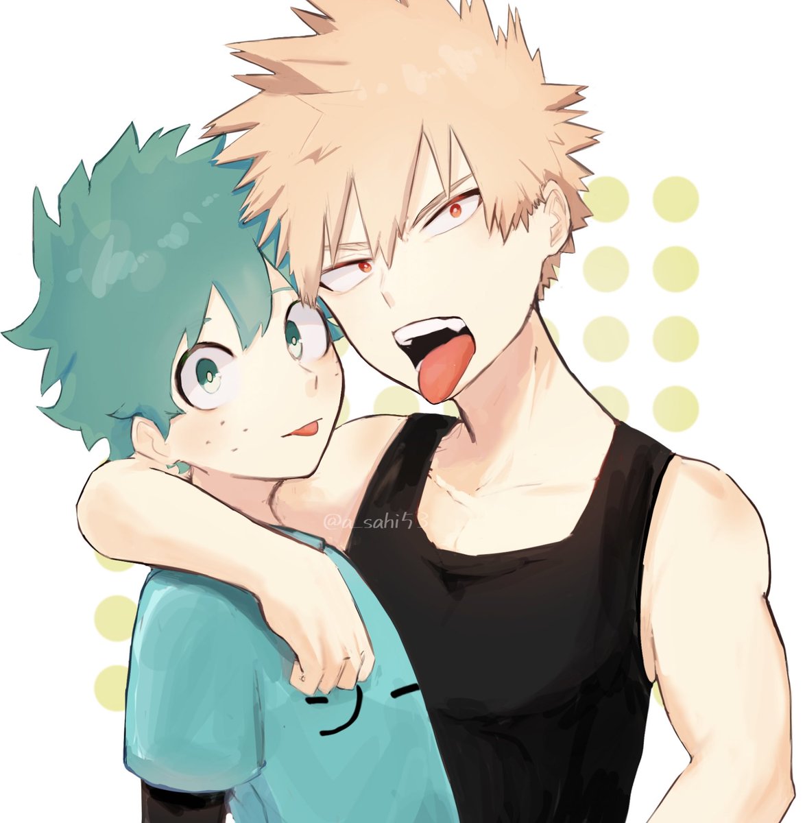 bakugou katsuki ,midoriya izuku multiple boys tongue 2boys tongue out male focus blonde hair spiked hair  illustration images