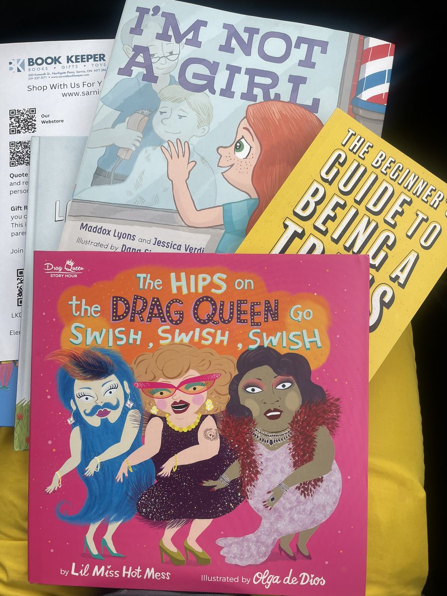 Picked up some amazing books from @bookkeeperbooks at the end of our Keynote to @LKDSB Love the drag Queen one - contrary to popular current beliefs, drag queens 👸🏽 do not harm children, guns and racist/homo-transphobic bigotry do. Will be reading with my nephew ❤️