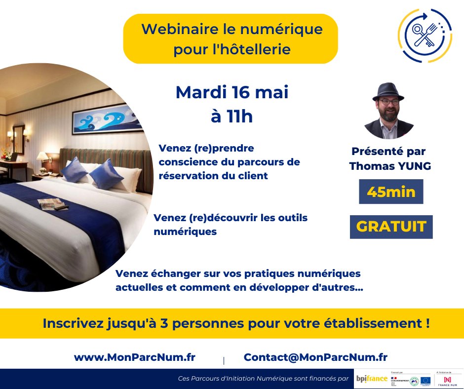 📷 Retrouvez notre webinaire parcours Hôteliers, le mardi 16 mai à 11h !
Inscription sur --> MonParcNum.fr
<a href="/GHR_HCR/">GHR</a> <a href="/artiref/">Thomas Yung</a> <a href="/SNRTC_France/">SNRTC</a> <a href="/CGAD_france/">CGAD</a> <a href="/foodhoteltech/">Food Hotel Tech</a> <a href="/tendanceh/">TendanceHôtellerie</a> <a href="/FairBooking/">Fairbooking</a>