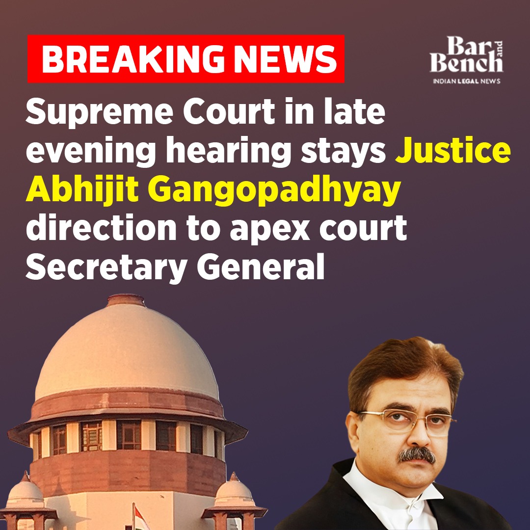 Supreme Court in late evening hearing stays Justice Abhijit Gangopadhyay direction to apex court Secretary General

#SupremeCourt #SupremeCourtofIndia #JusticeAbhijitGanguly #justiceabhijitgangopadhyay 

Read more here: bit.ly/3nhSuVN