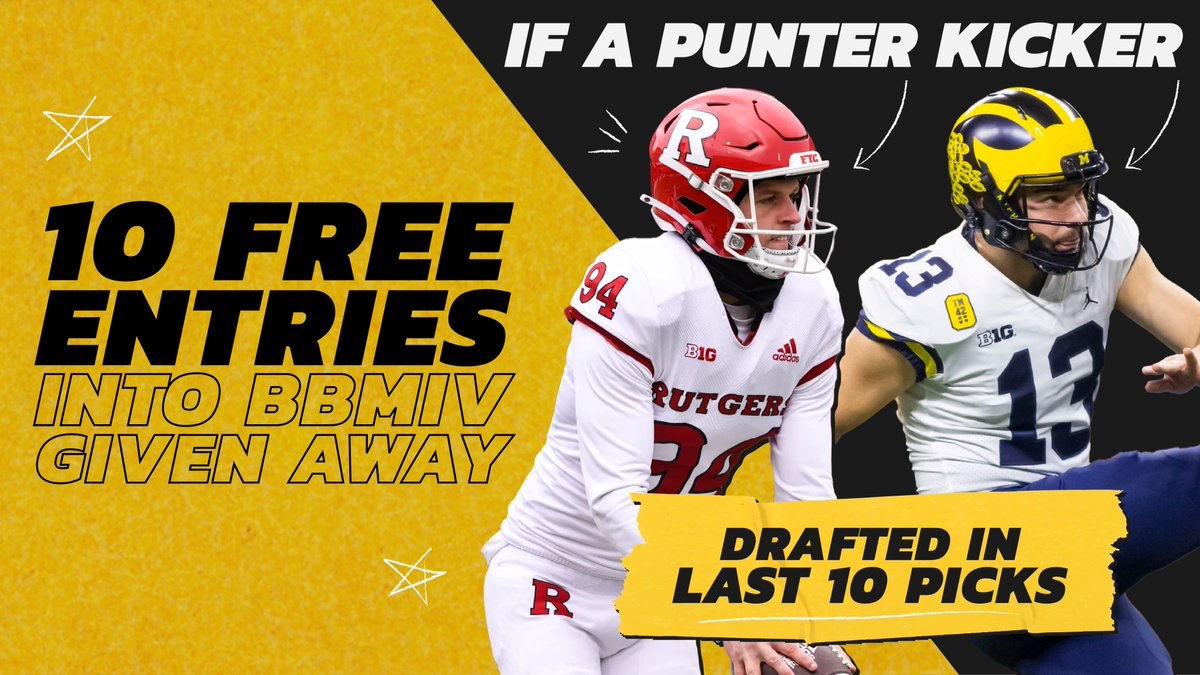 Underdog's tweet photo. We don't draft Kickers or Punters in Best Ball, but one may help you take home the BBMIV crown 👀

For a chance to win one of ten free entries, just...
1⃣ Reply with your Underdog username
2⃣ Retweet this
3⃣ Follow us

Entries close 4/29 at 12pm ET ⏳
Winners announced at the conclusion of the draft.