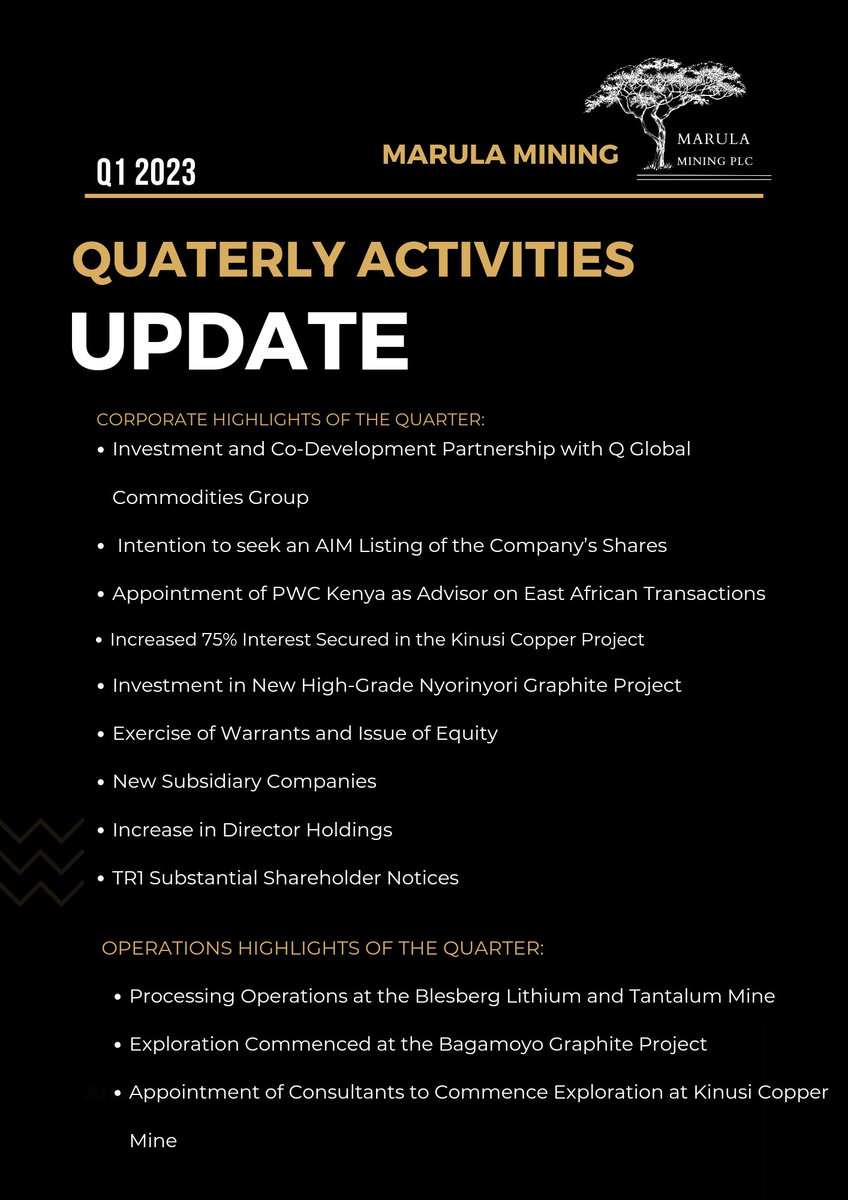 MarulaPlc's tweet photo. 🚨 QUARTERLY ACTIVITIES 🚨
#MARU Is pleased to update the market and shareholders on the activities of the Company for Q1  period ending 31 March 2023.

View full RNS 📃 ➡️ https://t.co/qxNwSiSeiY

#MARU #Mining #Invest  #BatteryMetals #Marulamining #RNS https://t.co/dxEgh9LiAz