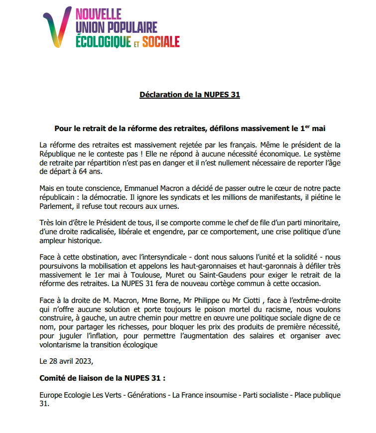 Le 1er Mai soyons toutes et tous dans la rue ! Déclaration des partis membres de la NUPES de Haute-Garonne.