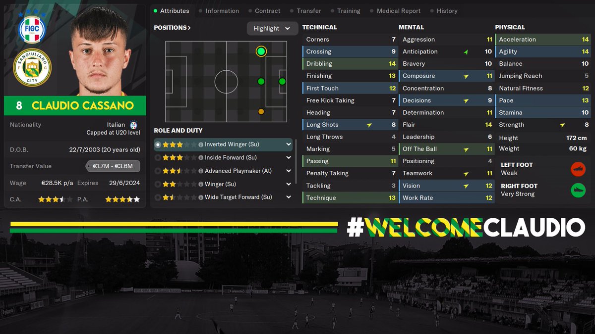 Siro_FM's tweet photo. 🆕 SIGNING ALERT 🚨
Right before the 2023/24 Serie 🅱️ season, SG City are delighted to welcome another young player to the club. Winger Claudio Cassano joins on a season-long loan deal from Roma to gain experience on the senior level.
#WelcomeClaudio #GialloVerde 🟡👑🟢 #FM23 https://t.co/8DIcN6S6Kd
