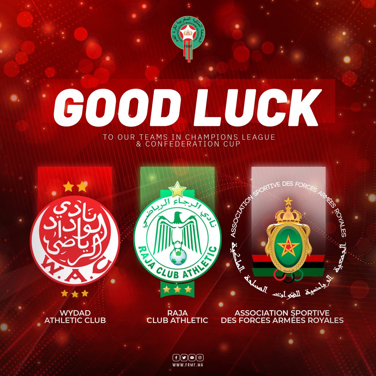 Morocco_FA's tweet photo. Good luck to our Moroccan Teams 🇲🇦 @WACofficiel  &amp; @RCAofficiel  &amp; @ASFAR_Officiel competing in #TotalCAFCL &amp; #TotalCAFCC and playing this week-end the second leg of the quarter-finals 🏆 https://t.co/rMecWhPMlH