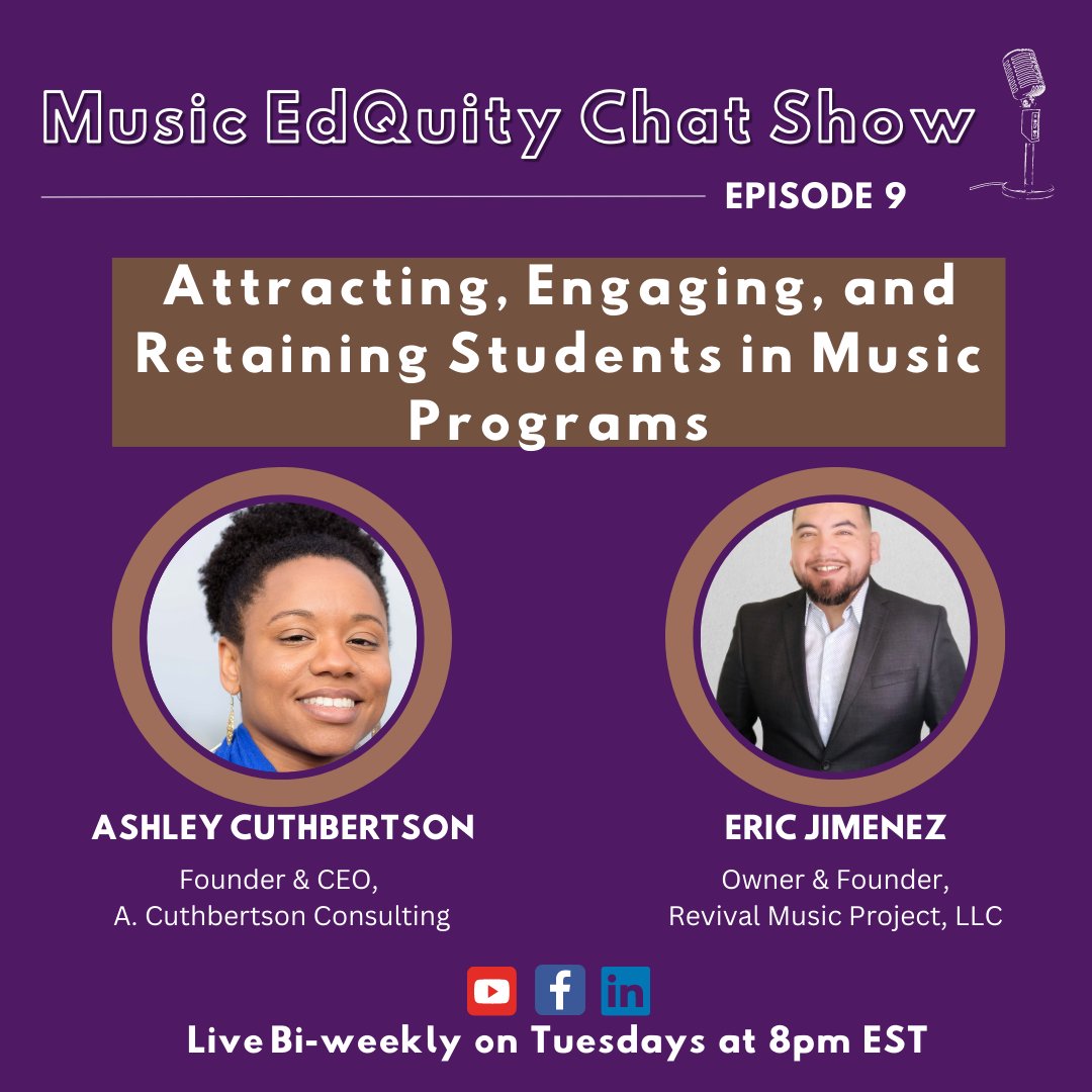 ACuthbertson10's tweet image. 🎙Next episode of The Music EdQuity Chat show is coming up with my guest, Eric Jimenez (@ejimenez86)!

We&apos;ll be discussing &quot;Attracting, Engaging, &amp;amp; Retaining Students in Music Programs”!

Join us LIVE next Tuesday, May 2nd at 8pm EST!

youtube.com/live/jo3rYHeAC…

#MusicEdQuityChat