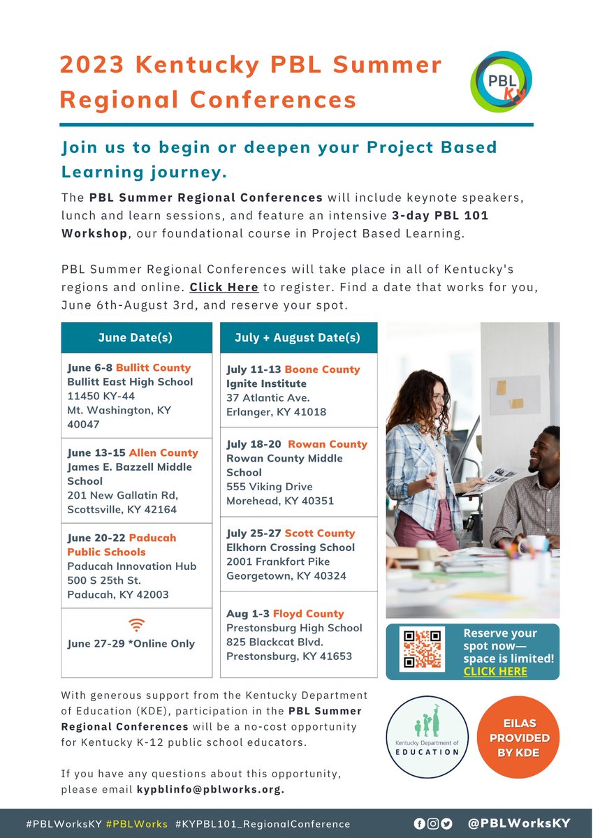 PBLWorks Kentucky (@pblworksky) on Twitter photo 📢 #KYEducators, we have updated our PBL 101 Summer Regional Conference one-pager to include exact locations for each conference.
Join us this summer to dive into PBL and collaborate with regional peers.
Register today: 🔗bit.ly/KYdoesPBL <a href="/KyDeptofEd/">KY Dept of Education</a> <a href="/UnitedWeLearnKY/">UnitedWeLearnKY</a> 📢 #KYEducators, we have updated our PBL 101 Summer Regional Conference one-pager to include exact locations for each conference.
Join us this summer to dive into PBL and collaborate with regional peers.
Register today: 🔗bit.ly/KYdoesPBL <a href="/KyDeptofEd/">KY Dept of Education</a> <a href="/UnitedWeLearnKY/">UnitedWeLearnKY</a>