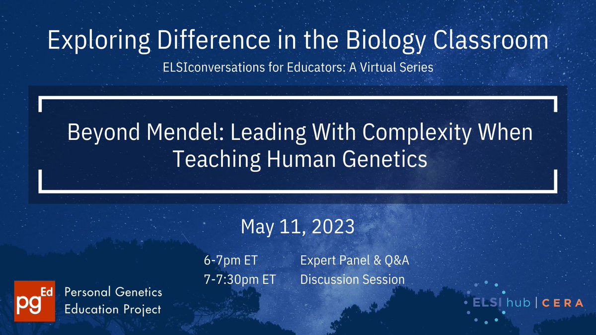 How can educators engage with #genetic complexity beyond #Mendel and avoid reinforcing genetic determinism related to #health and human differences? Join @pgEDorg @ELSIhub on May11 at 6pm ET with @EimearEKenny and @SLCallier. 

More info and registration: pged.org/exploring-diff…